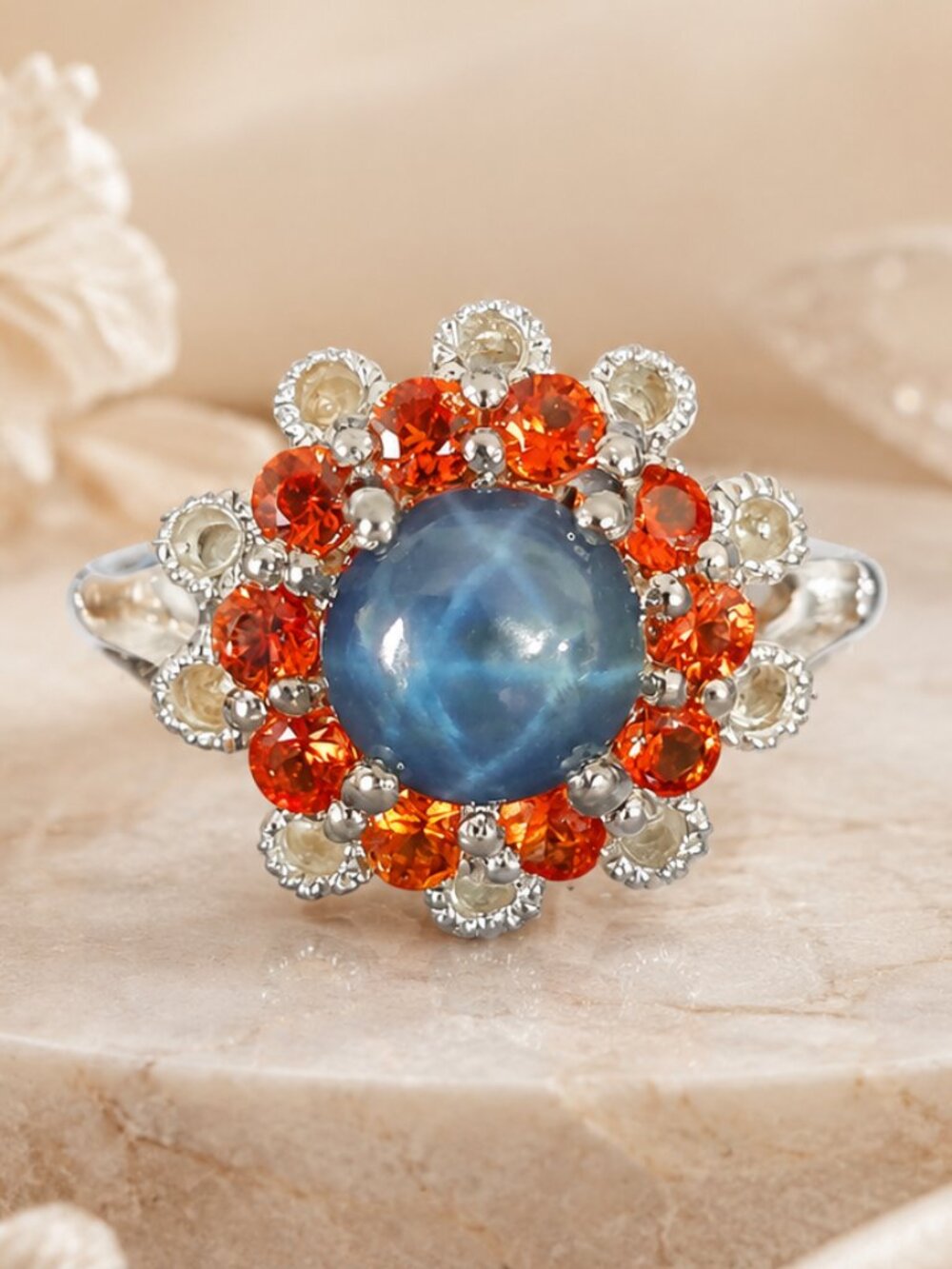 Sapphire & Garnet Floral Ring